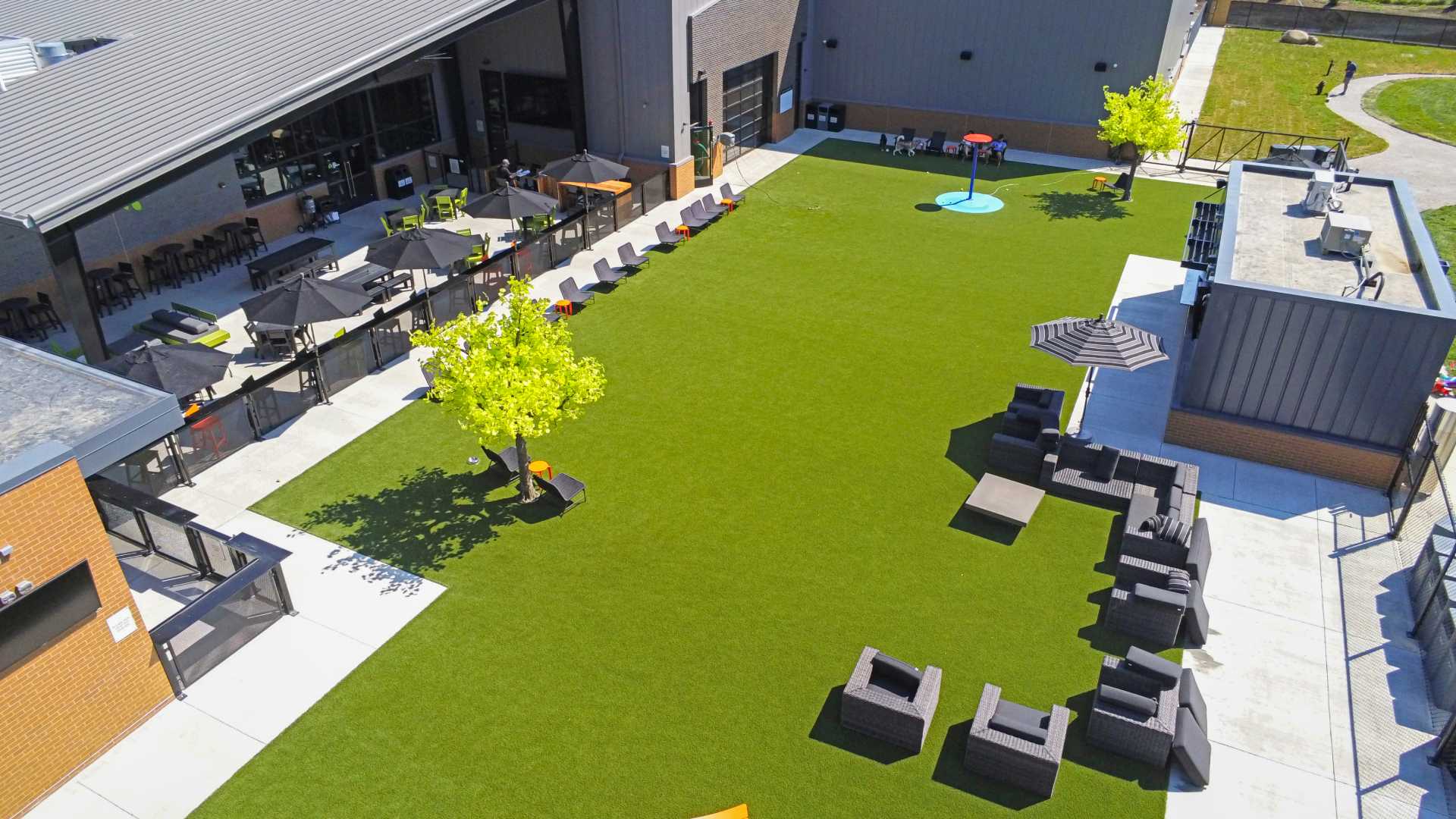 Drone shot of commercial artificial grass lawn installed by SYNLawn