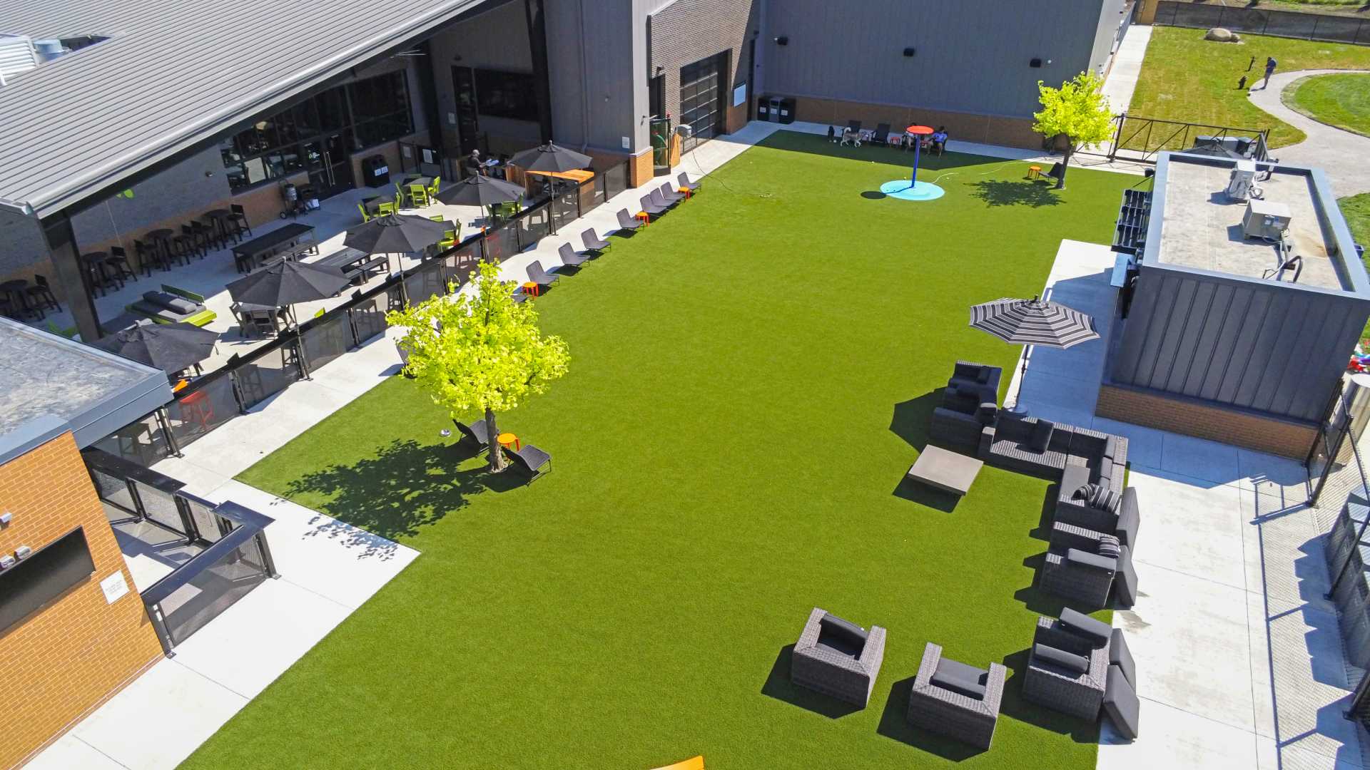 commercial-artificial-grass-installation (1) Drone shot of commercial artificial grass lawn installed by SYNLawn