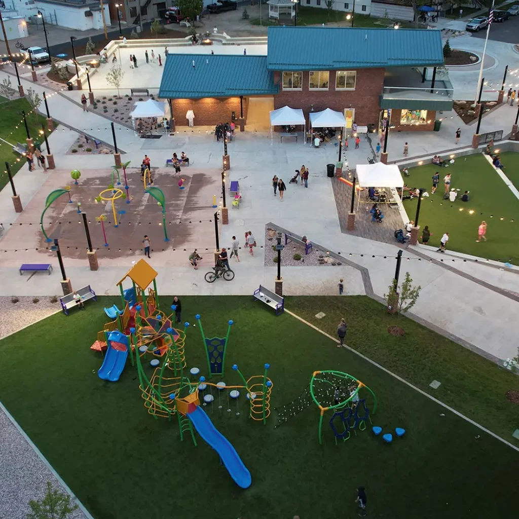 Artificial grass playground drone shot installed by SYNLawn in Little Rock, AR