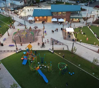 Artificial grass playground drone shot installed by SYNLawn