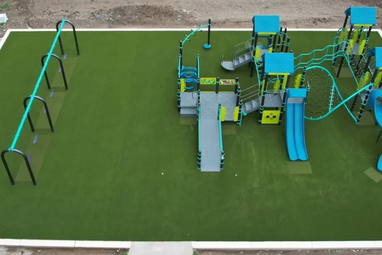 Drone shot of artificial grass playground in Little Rock, AR
