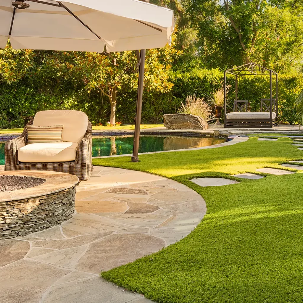 Artificial grass backyard pool area from SYNLawn